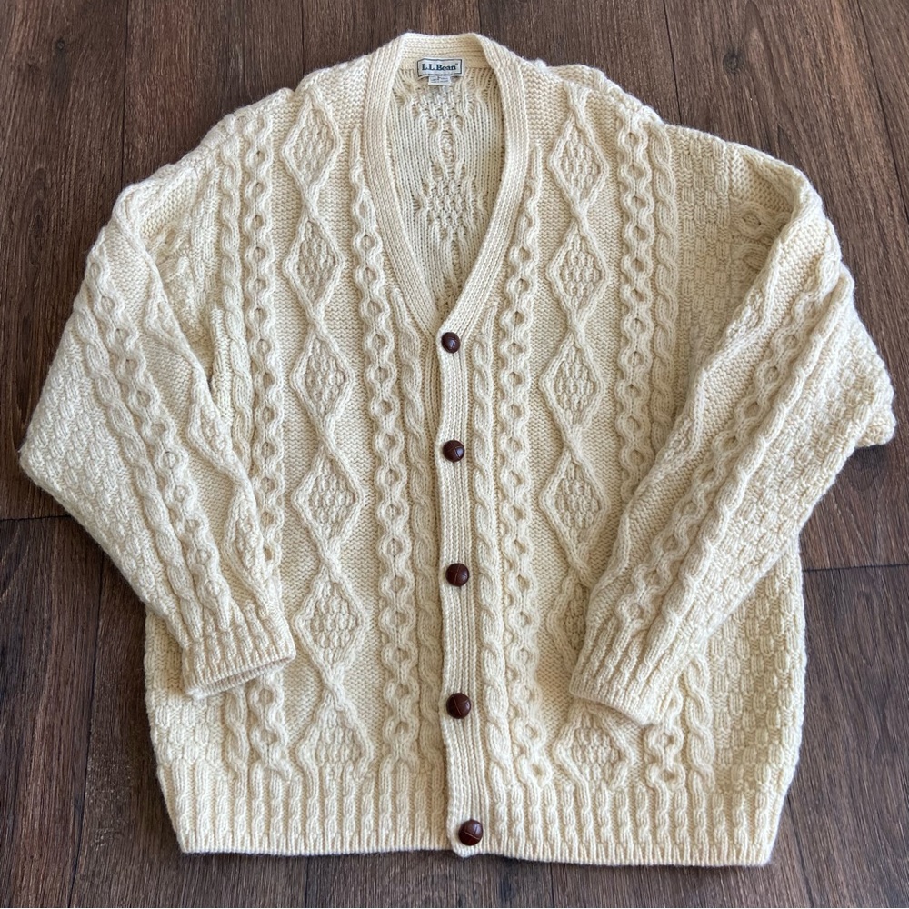 L.L. Bean Men's Cream Cable Knit Cardigan Sweater